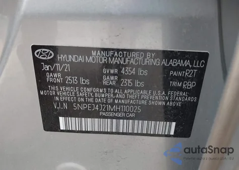 2021 Hyundai Sonata Sel Plus z USA, uszkodzony, nr VIN 5NPEJ4J21MH110025